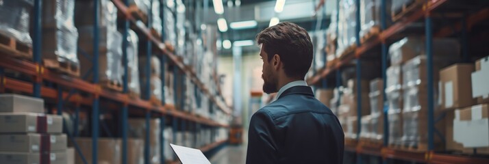 Fototapeta premium Professional manager in suit at warehouse supervising inventory with a digital tablet