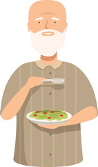 Illustration of an elderly gentleman holding a cup of coffee and a plate of cookies