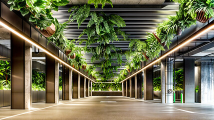 Long hallway with bunch of green plants on the ceiling and bunch of hanging plants on the ceiling. - Powered by Adobe