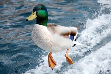 Obraz premium Duck landing on the lake, long exposure time, panning, generated with ai