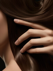 Obraz premium Elegant, highquality photo capturing a woman's hand gracefully running through her glossy long brown hair, emphasizing beauty and hair maintenance