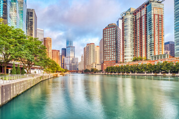 Chicago Downtown Cityscape with Chicago River at Sunrise