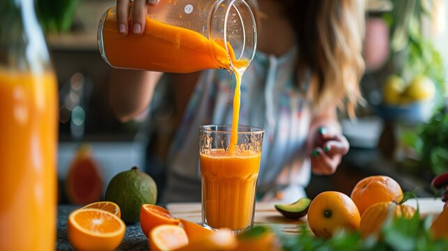 Preparing juice. A woman pours freshly squeezed orange juice into a glass. A refreshing natural product filled with many vitamins.
