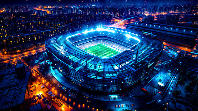 Aerial view of stadium at night with bright lights on the stadium's roof.