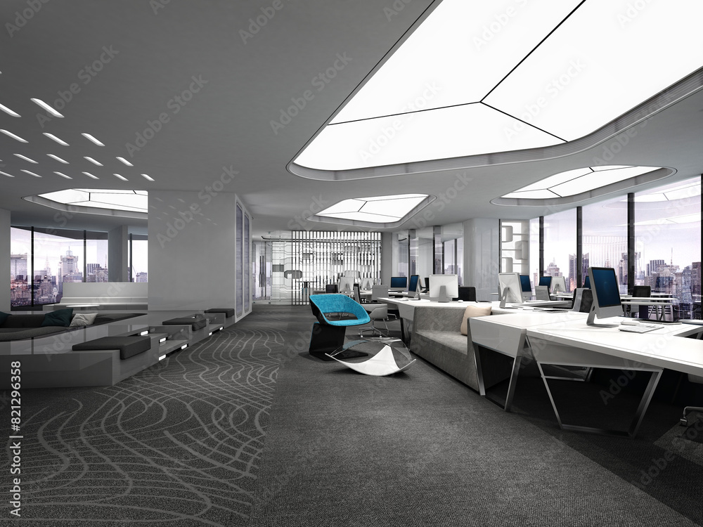 Poster 3d render of modern working office interior