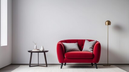 interior house with simple white background mock up, red armchair, modern empty space concept