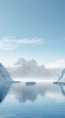 A tranquil scene of an icy landscape with icebergs floating in the ocean, surrounded by distant mountains under a clear blue sky, generated with AI