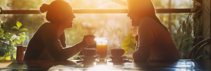 Silhouetted individuals sharing a meal with warm sunrise backlight