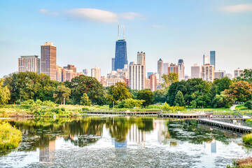 Chicago Skyline during a Sunny Day over the Pond in Lincoln Park