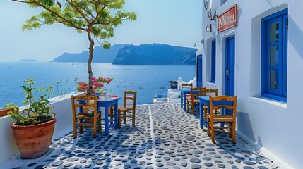 Naklejka premium A photo of an idyllic Greek tavern with blue tables and chairs, overlooking the sea in Santorini island, Greece. generated with AI
