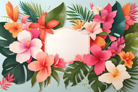 Mother's Day floral vector card. Greeting tropical flowers design, palm leaves template design