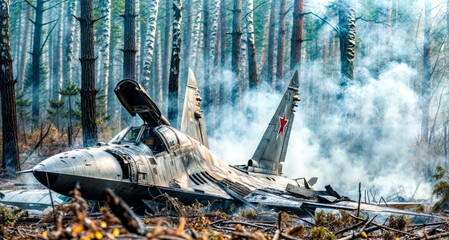 Fighter jet sitting in the middle of forest filled with lots of trees. - Powered by Adobe