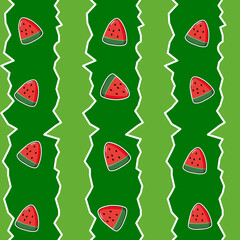 Vector watermelons seamless pattern. watermelon. Tropical summer food. Watermelon red slices with seeds repeat texture on green striped