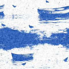Coastal sail boat in azure ocean blue seamless background. Modern sailing race boat block print for decorative coast interior furnishing fabric for rustic linen beach cottage trend. 