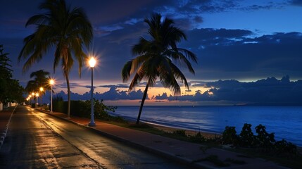 Obraz premium A serene island boulevard where streetlights and ocean bioluminescence create a mesmerizing nightscape.