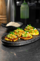 Chopped turkey cutlet with mashed potatoes and truffle sauce