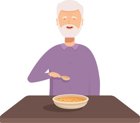Elderly retired man with silver hair enjoying a nutritious and homemade bowl of warm soup at the dinner table