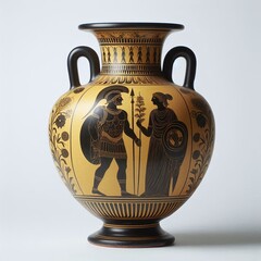 An antique vase with a yellow body and black handles with a painting of an ancient Greek man and woman for a timeless interior decoration