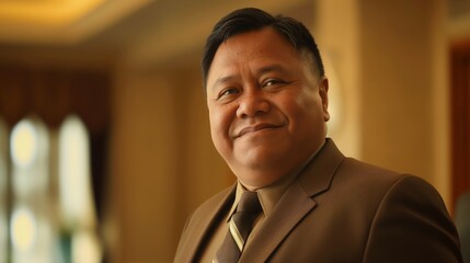 Obraz premium Confident Professional Businessman Smiling in Corporate Office Setting - High-Resolution Stock Photo for Business Use