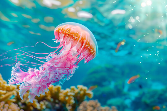 Vibrant pink jellyfish swimming underwater in the ocean