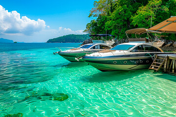 Luxury yachts docked in crystal clear turquoise water by tropical island