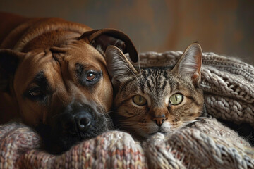 Dog and cat snuggled in cozy blanket, warm and loving pet friendship