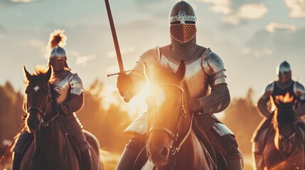 Mounted detachment of medieval knights in metal armor and helmets ready for battle. Historical reconstruction of a battle on the battlefield. A group of armed horsemen of the past. Illustration.