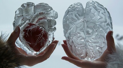 Two hands, one holding a transparent anatomical model of a brain, the other a heart. Concept of the importance of the heart and brain in human life. The psychology of a couple's relationship.