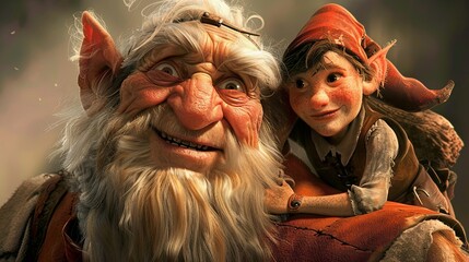 Obraz premium A gnome and a troll talking sweetly and smiling about something. A whimsical fairy tale character against the background of the forest. Illustration for banner, poster, cover, brochure or presentation