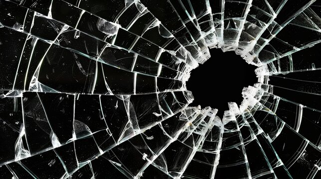 Broken glass on a dark background. After the impact, the glass surface has cracks diverging from the point of impact or bullet hit. The concept of destruction, vulnerability and fragility of existence