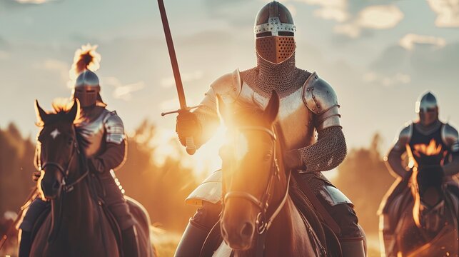 Mounted detachment of medieval knights in metal armor and helmets ready for battle. Historical reconstruction of a battle on the battlefield. A group of armed horsemen of the past. Illustration.