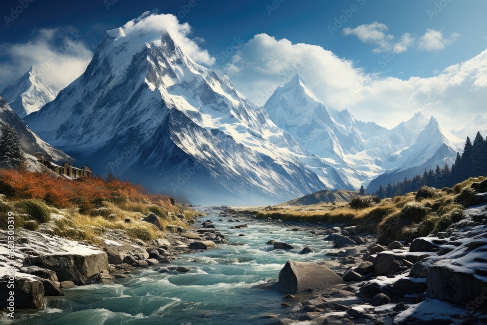 Wall mural Beautiful landscape of a snow -covered mountain range under the cloudy sky, generative IA