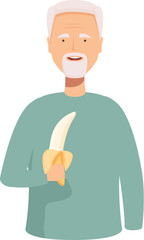 Illustration of a cheerful elderly man smiling while holding a ripe banana