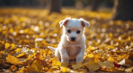Puppy playing in yellow autumn leaves