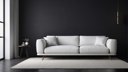 minimal one white sofa in dark modern interior design mockup, minimal home decor