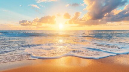 Fototapeta premium Summer Beach Sunrise with Warm Golden Hues and Gentle Waves in a Wide Angle Shot Capturing the Beauty of a Tranquil Morning Seascape.