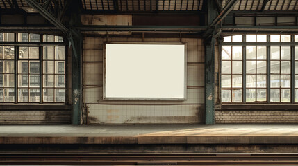 A blank empty canvas poster screen board hanging on a wall at a railway station.
