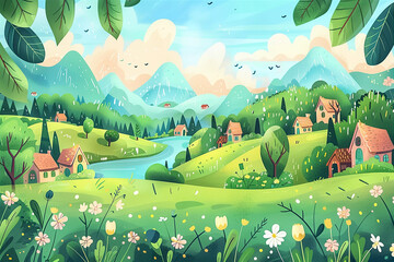 Naklejka premium Cartoon background for children's book, backdrop for product preview, summer rural scenery