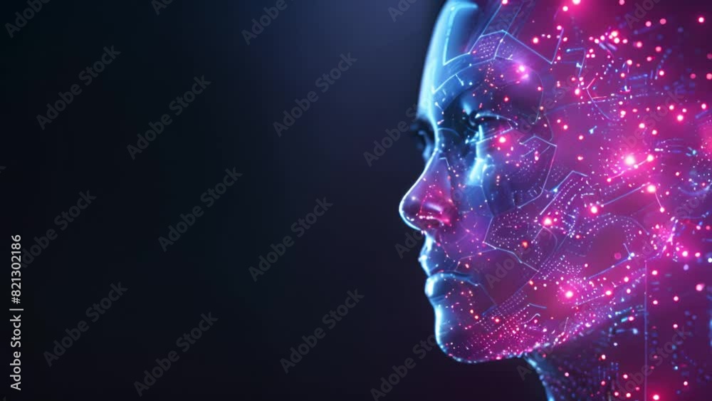 Poster A digital human head with intricate cybernetic elements and circuitry glows against a dark background. Red and blue lights emphasize the high-tech aspect of the scene.
