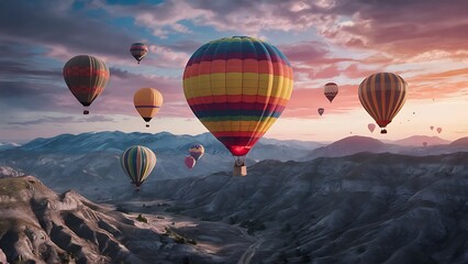 Naklejka premium Stunning Landscape Photography: Majestic Mountains and Serene Rivers, hot air baloons