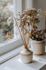 White Vase Filled With Feathers on Window Sill