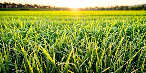 Field of green grass with the sun setting in the distance behind it.