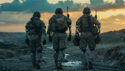Fototapeta premium Soldiers walking in a desert at dusk