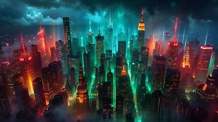 Vibrant city skyline at night with colorful neon lights and towering skyscrapers. Futuristic urban landscape.