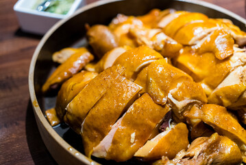 Slice of soy sauce chicken in asian cuisine restaurant