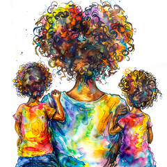 Painting of woman and two children with curly hair and multicolored hair.