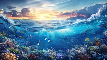 Create a calming ocean scene with waves and marine life. --ar 16:9 Job ID:...