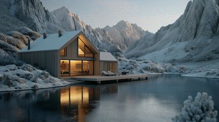 Fototapeta premium A house with a large deck overlooking a lake