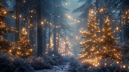Enchanted Forest Aglow: Trees Covered in Lights
