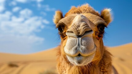 Close-Up of Camels Face Against Blue Sky